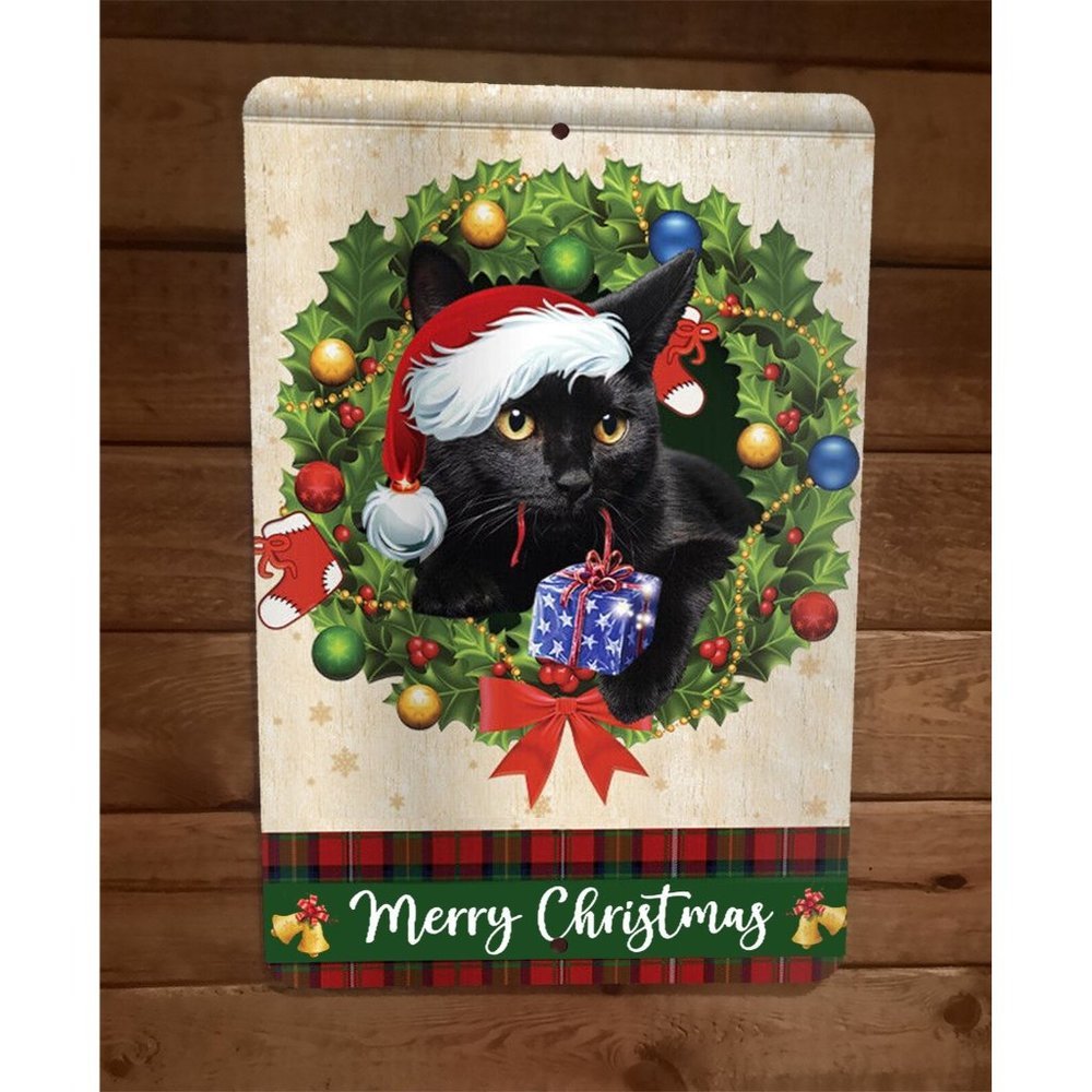 Merry Christmas Black Cat Xmas 8x12 Metal Wall Sign Animal Poster